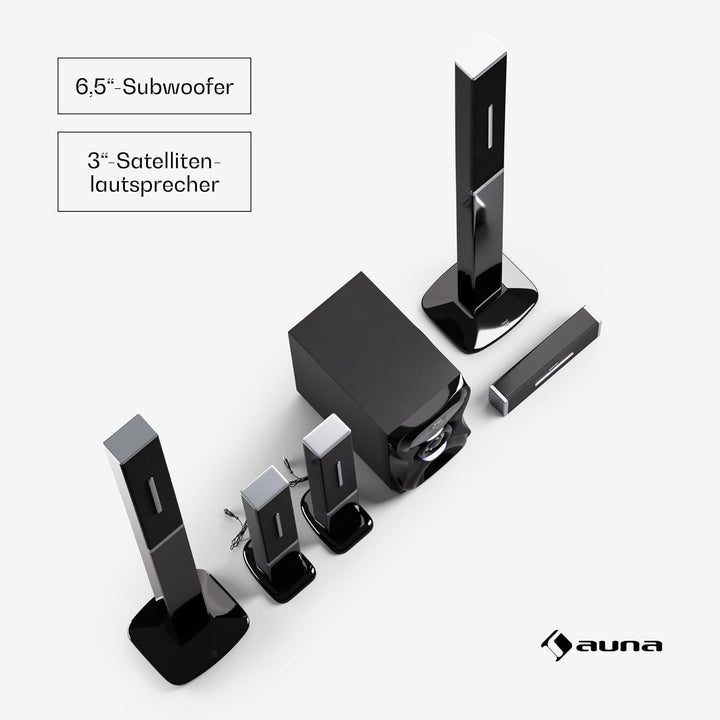 auna 5.1 Sound System - kabellose Lautsprecher-Soundbar, RGB Farbe, 120 W Leistung für TV & PC, mit