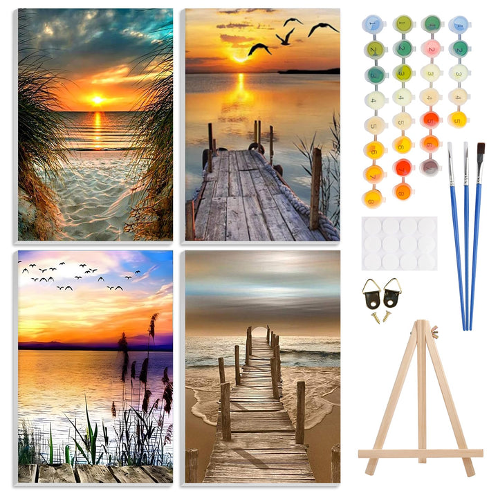 GHHKUD Malen Nach Zahlen Erwachsene, 4 Stück Malen Nach Zahlen Sonnenuntergang Strand DIY Handgemalt