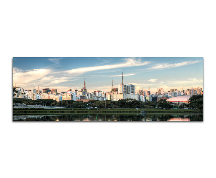 Panoramabild auf Leinwand und Keilrahmen 150x50cm Brasilien Sao Paulo Skyline Meer Spiegelung