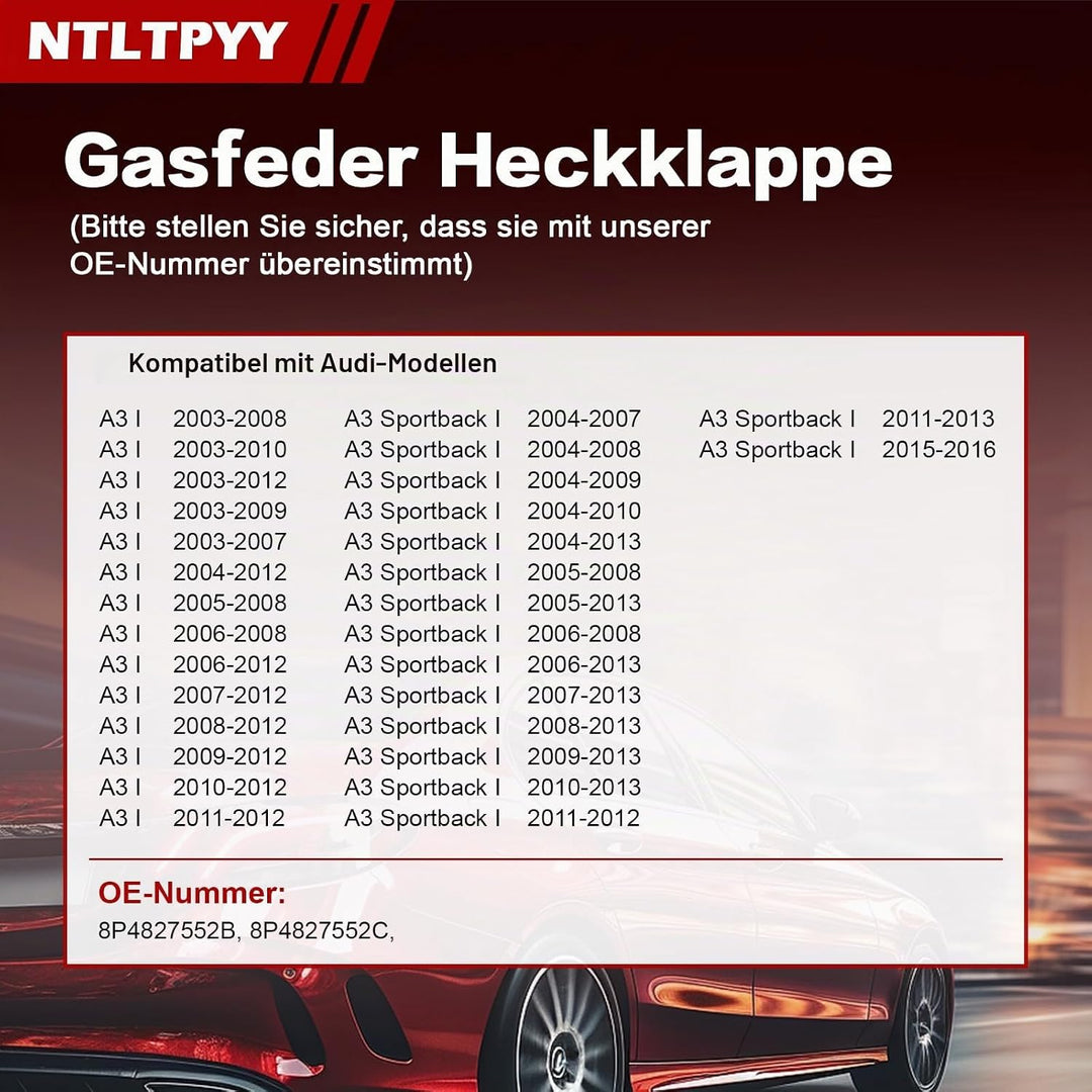 Heckklappen Gasdruckfeder Kompatibel mit Audi A3 2003-2012 8P1 A3 Sportback 2004-2016 8PA, 2 Stück H