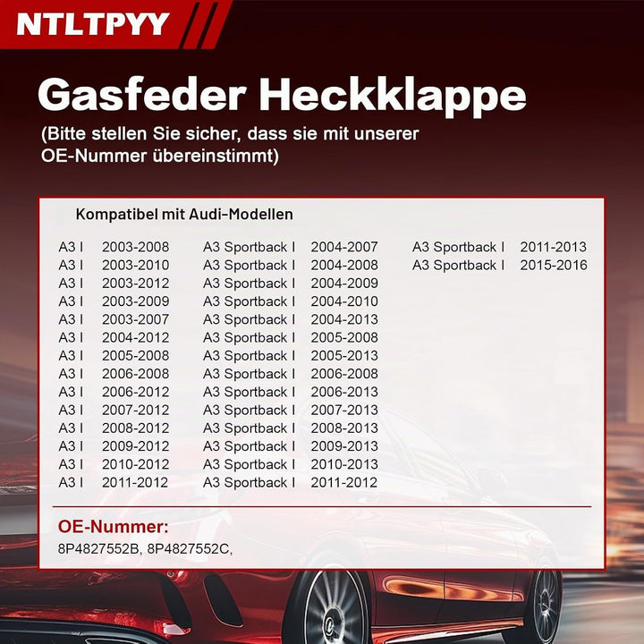 Heckklappen Gasdruckfeder Kompatibel mit Audi A3 2003-2012 8P1 A3 Sportback 2004-2016 8PA, 2 Stück H