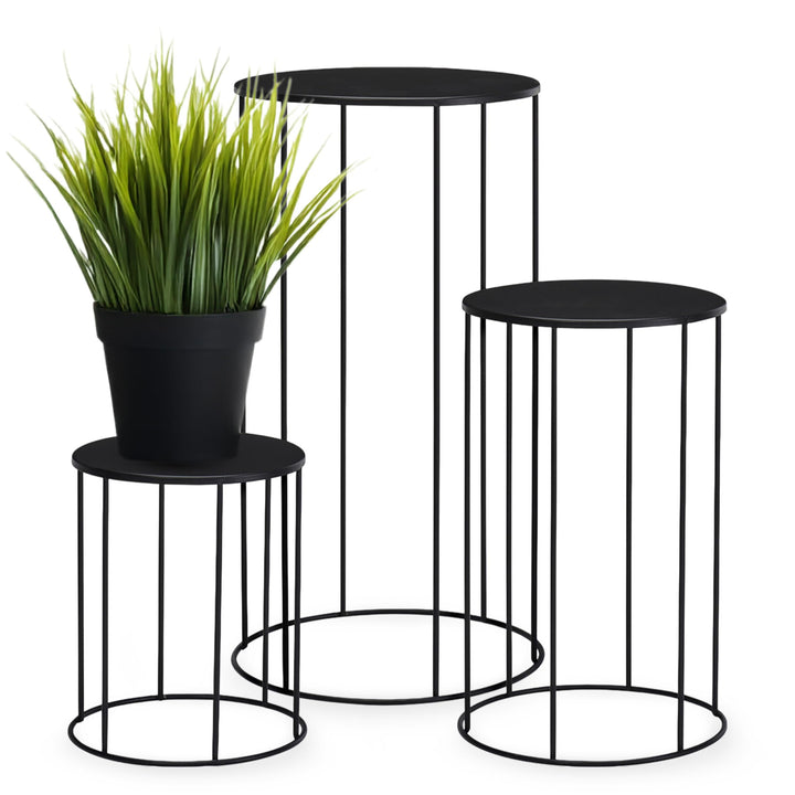 Spetebo Metall Blumenhocker 3er Set rund schwarz - 39, 29 und 19 cm - Industrial Design Pflanzenstän