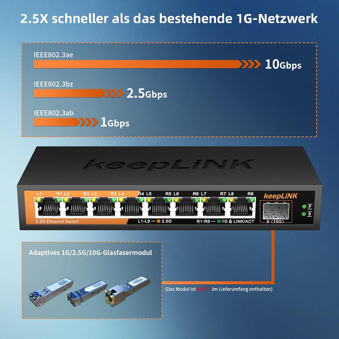keepLiNK 8 Port 2,5-Gigabit LAN Switch mit 1 x 10G SFP Slot, 60Gbps Switching Capacity, Unmanaged, P