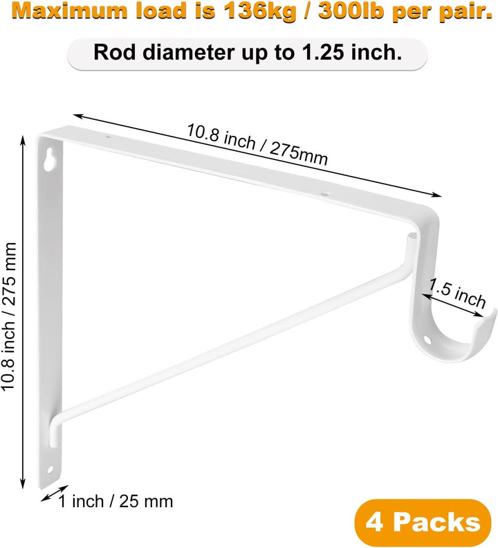 4 Stück robuste Schrankstangenhalterungen, 27,9 x 27,9 x 2,5 cm, weisse Schrankstangenstütze, Stahl-