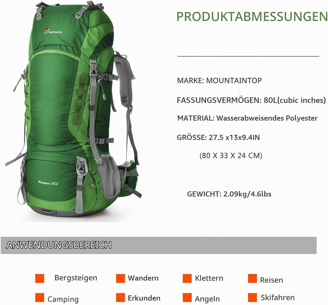 MOUNTAINTOP Trekkingrucksack 80L Wanderrucksack Herren Damen Reiserucksack Grosser Rucksack mit Rege