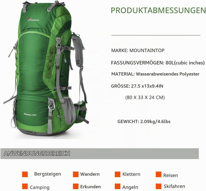 MOUNTAINTOP Trekkingrucksack 80L Wanderrucksack Herren Damen Reiserucksack Grosser Rucksack mit Rege