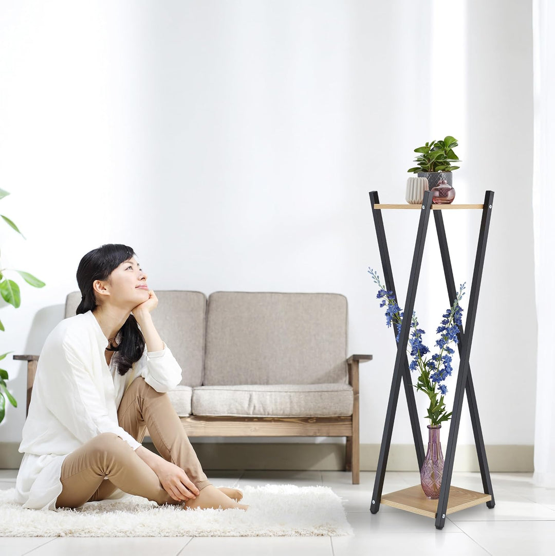 Relaxdays Blumenständer, 2 Etagen in Holzoptik, Metall/MDF, moderner Blumenhocker, HBT: 99x29x29 cm,