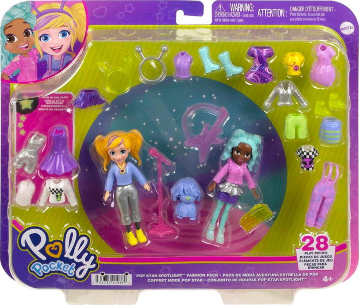 Polly Pocket Reisespielzeug mit zwei 7,5 cm Puppen und 25 Accessoires, Modepaket für den Aussenberei