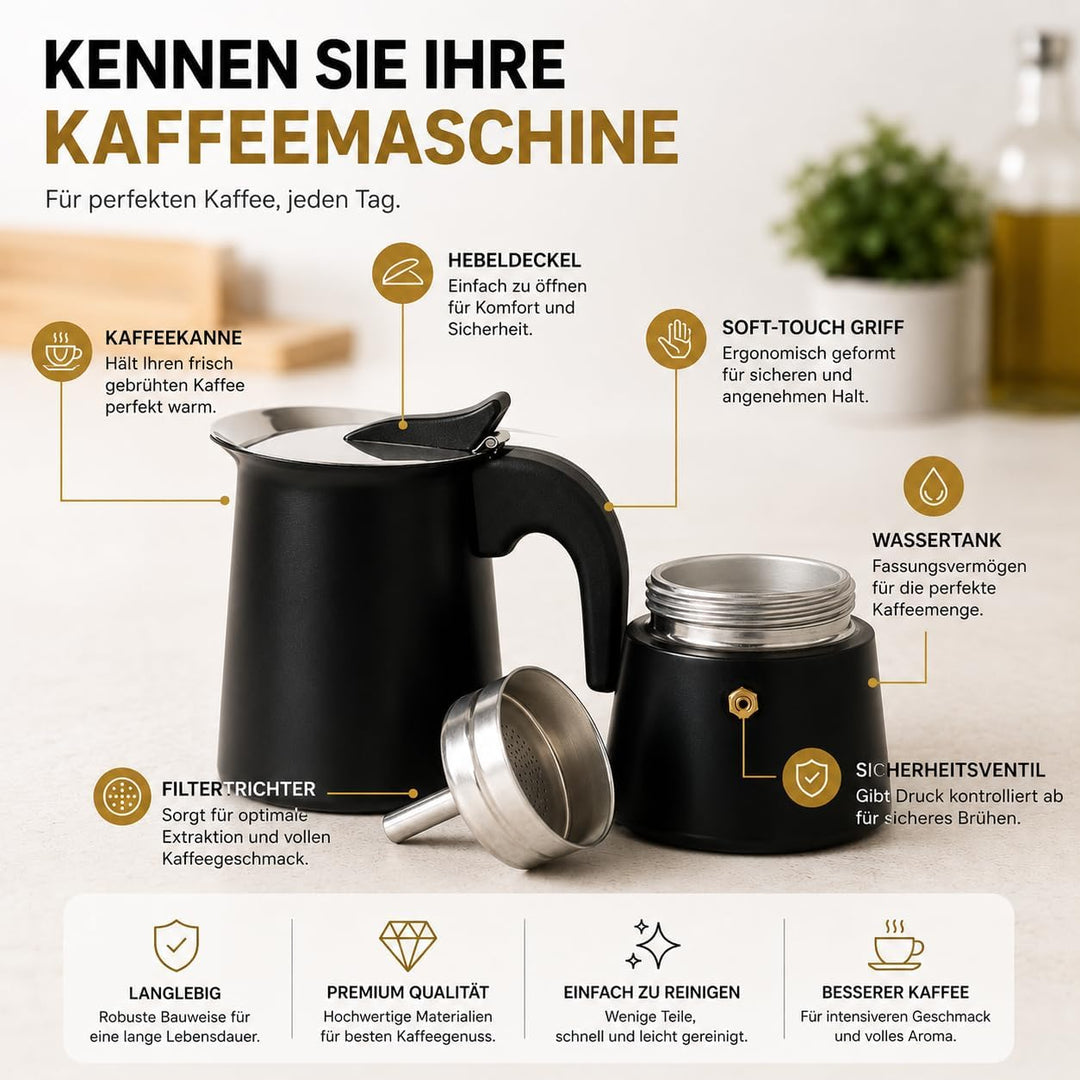 ROYAL SWISS® Edelstahl Mokkakanne 4 Tassen – Espressokocher Induktion | Italienischer Kaffeekocher |