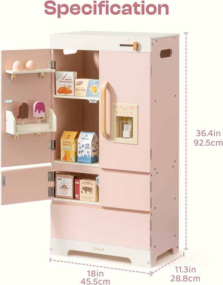 ROBUD Kühlschrank aus Holz - Realistisch und interaktiv mit Eiswürfelbereiter und Lebensmittel-Spiel