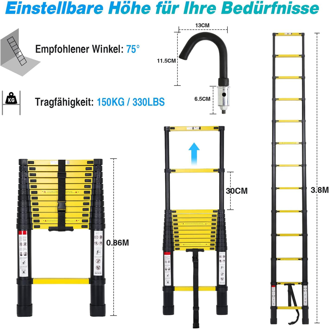 Joparri Aluminium Teleskopleiter mit Abnehmbarem Haken, 3.8M Ausziehbare Leiter, Rutschfester Alulei