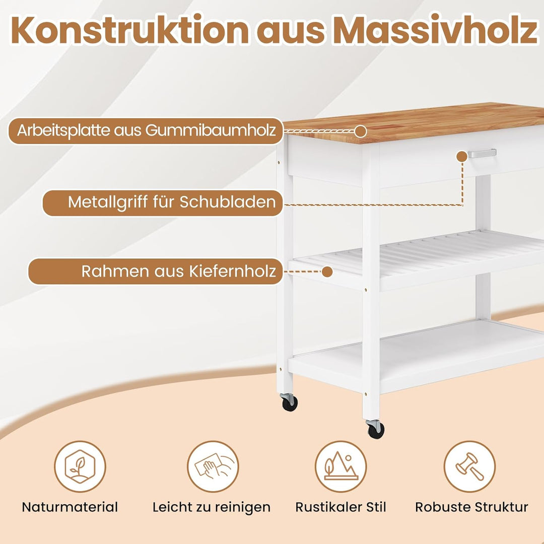 COSTWAY Küchenwagen, Mobile Kücheninsel mit Arbeitsplatte, 3-stöckiger Küchenrollwagen mit 2 offenen