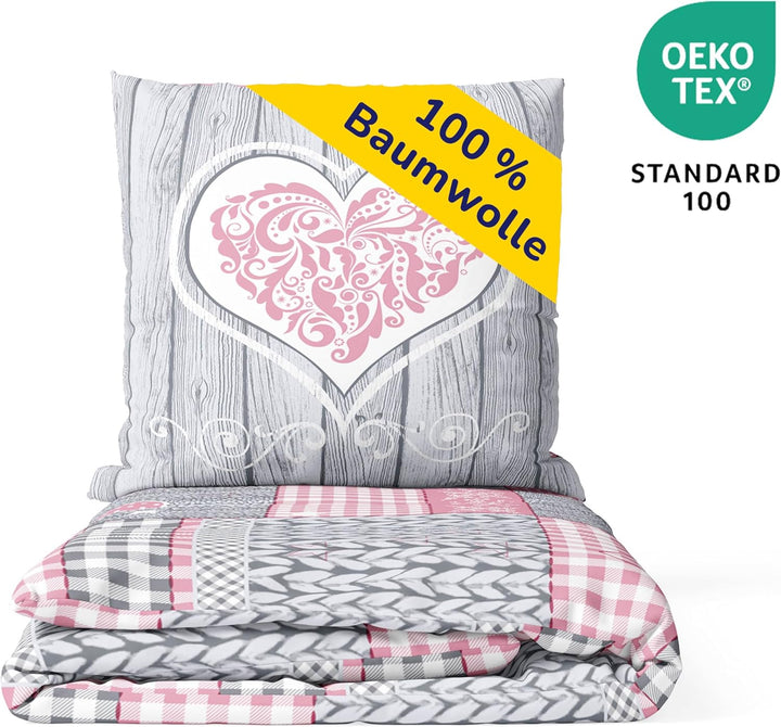 Träumschön Biber Bettwäsche 155x2200 2tlg | Herz Bettwäsche Rosa Mädchen im Oktoberfest Style | Rosa