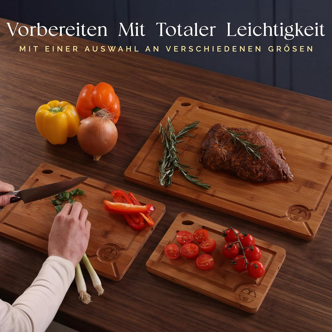 Deer &amp; Oak Schneidebrett-Set 3-teilig, karbonisierter Bambus vorgeölt | Mit Aufhängeloch · bei 260 °