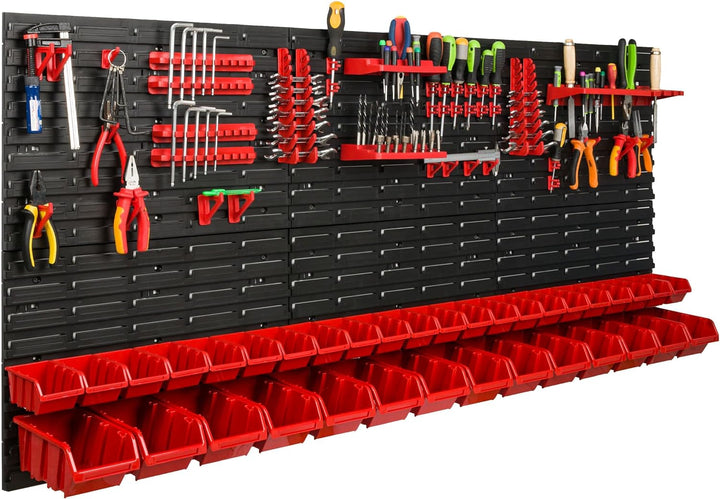 Lagersystem Werkstattregal | 172 x 78 cm | 36 stck. Box | Wandregal mit Werkzeughalterungen und Stap
