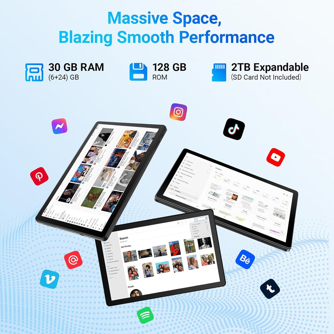 Tablet 10 Zoll Android 15 GMS-Zertifiziert, 30GB RAM + 128GB ROM (2TB TF), Octa-Core, 6200mAh, 1280x