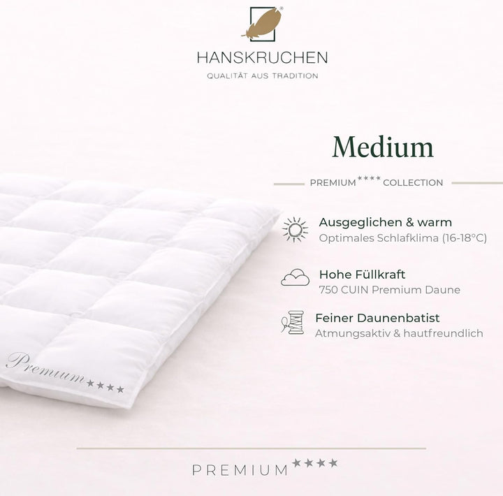 Hanskruchen® Premium **** Daunendecke 200x220 cm - MEDIUM/Ganzjahres - Made in Germany Kassettendeck