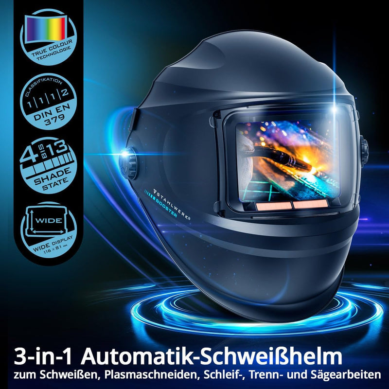 STAHLWERK Automatik-Schweisshelm BOOSTER 3-in-1 Schweisserhelm | Schweissermaske mit True-Colour-Ech