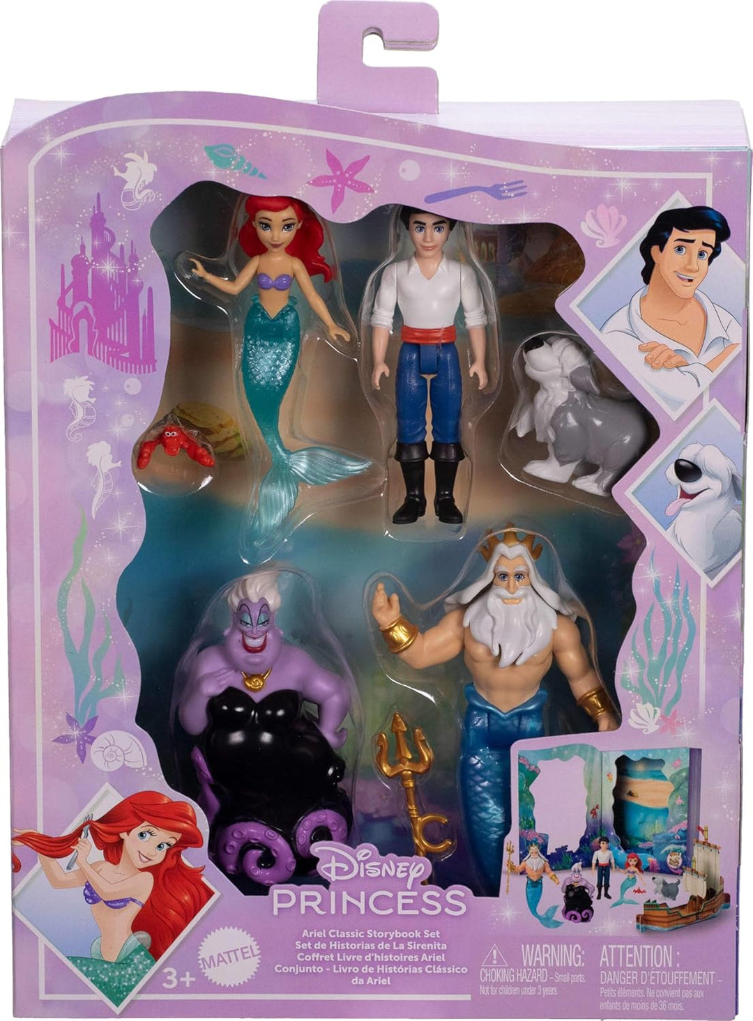 Mattel Disney Princess Toys, Arielle Mermaid Doll Story Set mit 4 kleinen Puppen, 2 Tierfiguren &amp; 1