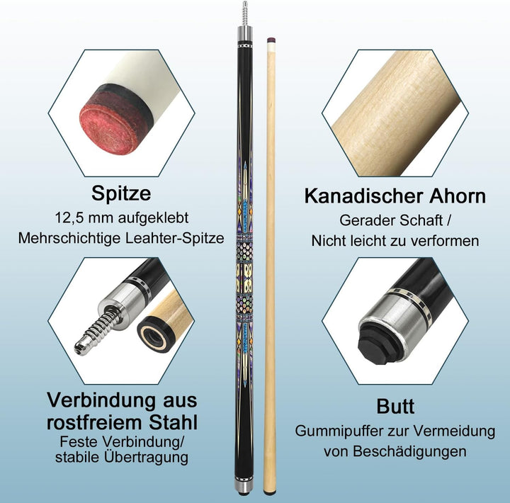 Pool Cue Stick Billard Queue,58“ Pool-Billardqueue BillardStock 12,5 mm Lederspitze Cue Sticks for P