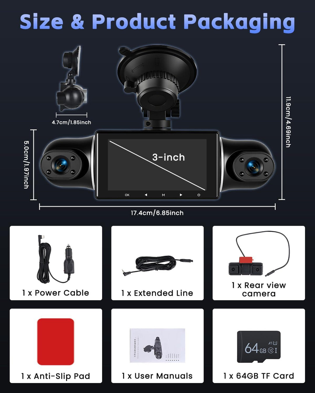 Hikity 5-Kanal-Dashcam, 360° Dashcam 1080P*4 Vorne und Hinten Innen Links Rechts, Autokamera mit 64G