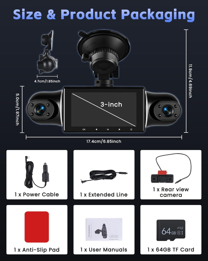 Hikity 5-Kanal-Dashcam, 360° Dashcam 1080P*4 Vorne und Hinten Innen Links Rechts, Autokamera mit 64G