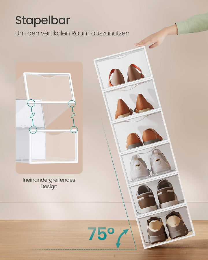 SONGMICS Schuhboxen, Schuh-Organizer aus Kunststoff, mit Tür, durchsichtig, 18er Set, stapelbar, ein