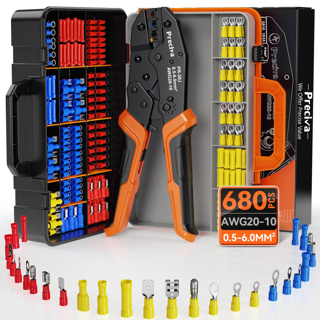 Preciva Crimpzange Set, Kabelschuhzange mit Ratschenmechanik + 680 farbcodierte Kabelverbinder (0,5-