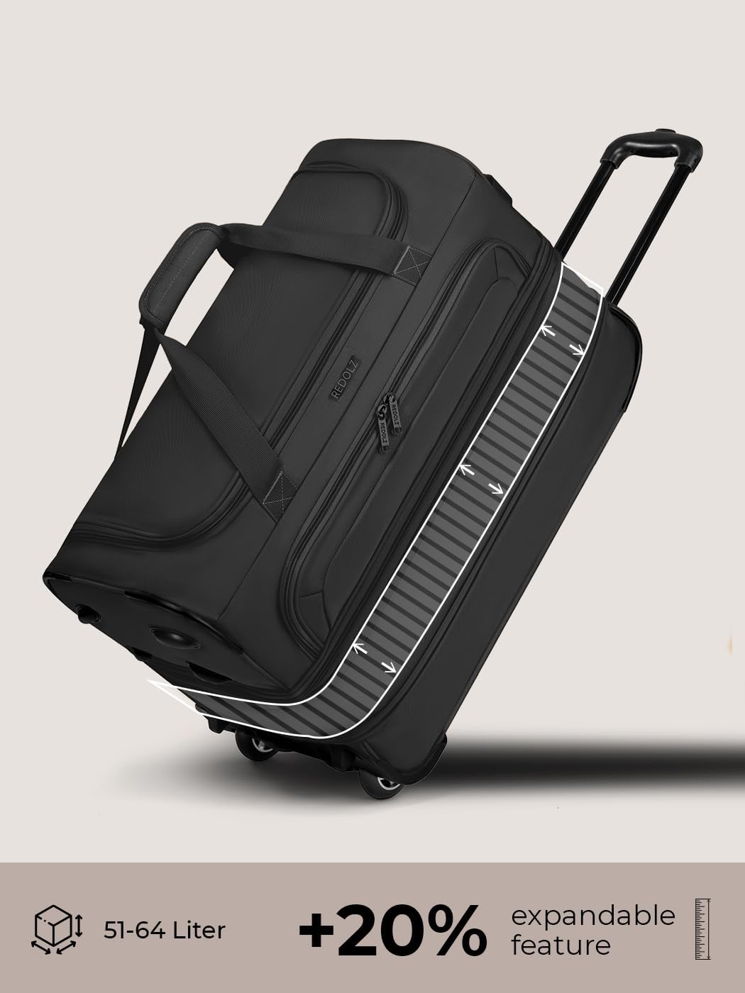 REDOLZ 2-Rollen MEDIUM Trolley-Reisetasche | Volumen mit Dehnfalte erweiterbar von 51 auf 64 Liter |
