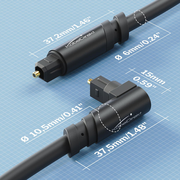 KabelDirekt – TOSLINK-Kabel 90° gewinkelt mit 0% Signalverlust – 10m – Glasfaserkabel für Soundbar (