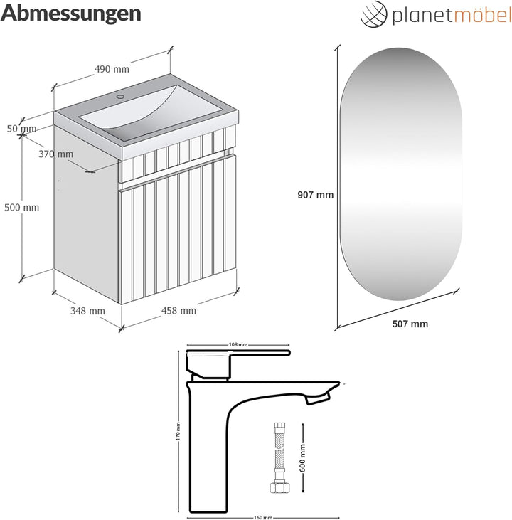 Planetmöbel Cosmia Badmöbel Set Waschbecken mit Unterschrank 50 x 60 x 35 cm Weiss, Spiegel mit Bele