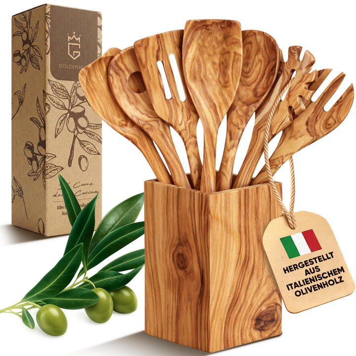 GOLDENBERG® Premium Kochlöffel Set + Halter | 8-teilig | feinstes italienisches Olivenholz | antibak