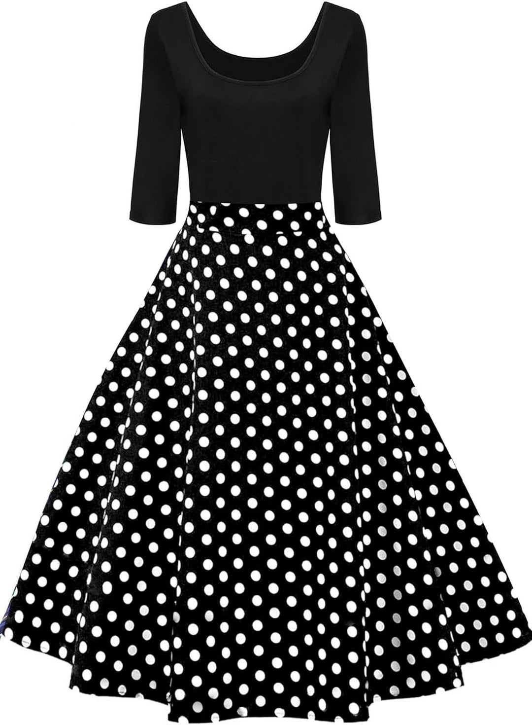 AXOE Damen A-Linie Kleid 60er Jahre Rockabilly 3/4 Ärmel Scharz/Gepunketes S, Scharz/Gepunketes S