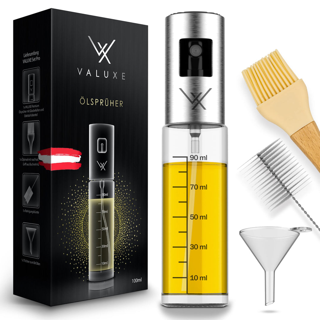 VALUXE® Ölsprüher - Das ORIGINAL - Extrem präzise Öl-Sprühflasche aus Edelstahl und Glas - Multifunk