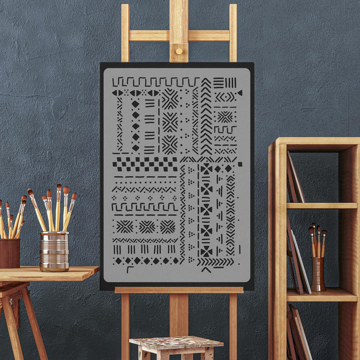 NAKLEO Wiederverwendbare Kunststoff-Schablonen - 59x95cm - Mali-Schlammtuch Boho Afrikanisch 2 - Gro