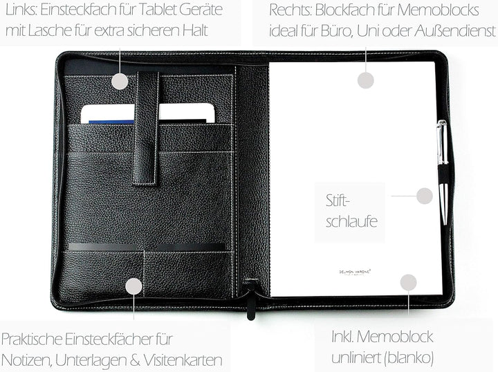 DELMON VARONE - Personalisierbare Tablet Schreibmappe DIN A4 aus Premium Soft Grain Leder schwarz, O