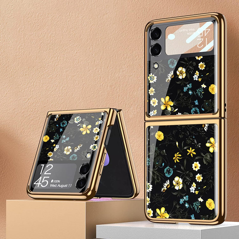 COQUE Galaxy Z Flip 3 5G Hülle,9H gehärtetes Glas Glänzend farbige Blumen Handyhülle, klappbare Hand