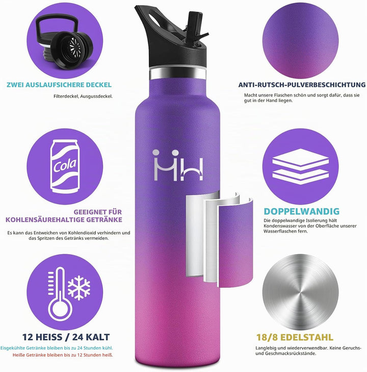 HoneyHolly Trinkflasche 1L, BPA-Frei, Trinkflasche Edelstahl, Thermosflasche, Auslaufsichere Isolier