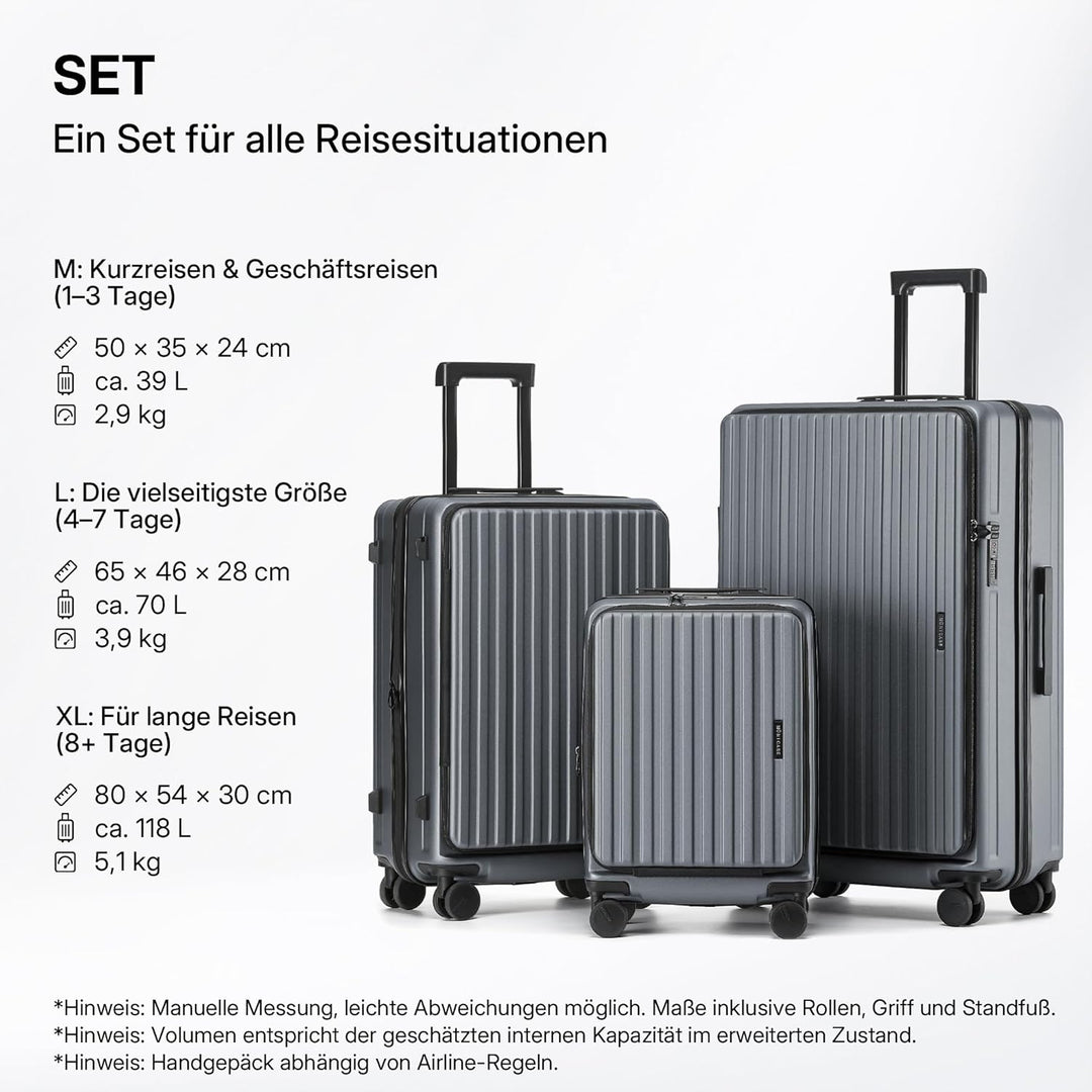 Münicase Hartschalen-Kofferset 3-teilig, Expandierbar, Businessgrey | 3 Grössen M/L/XL, Oberseiten-Ö