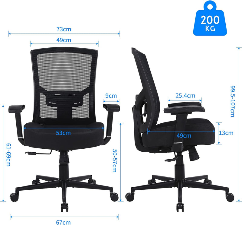 Fantasylab Bürostuhl Ergonomisch 200KG Schreibtischstuhl, Hoher Rücken Ergonomischer Stuhl Drehstuhl