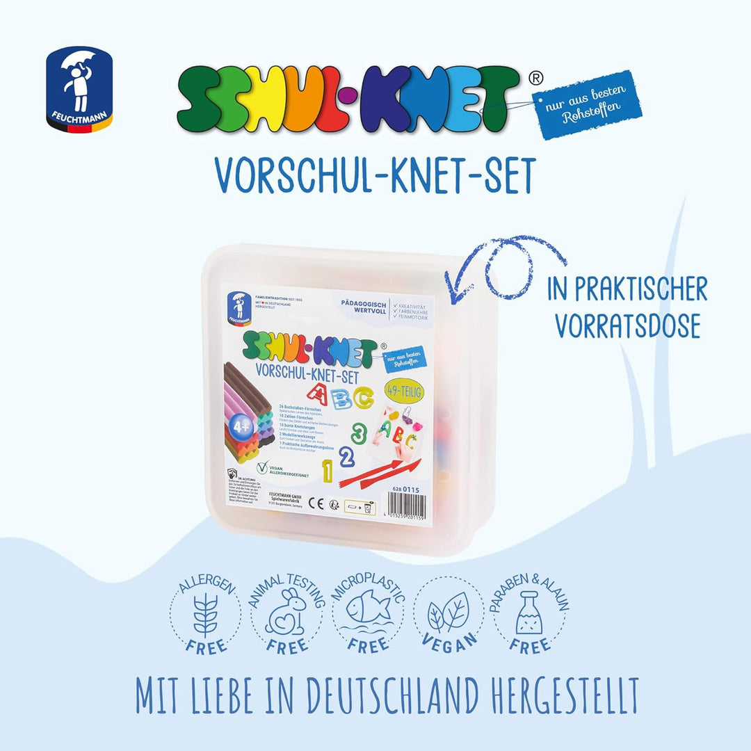 Feuchtmann SCHUL-KNET - Vorschul-Knet-Set 49-teilig, 400g Kinderknete mit Buchstaben, Zahlen und Wer