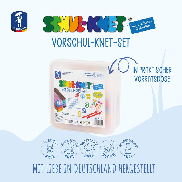 Feuchtmann SCHUL-KNET - Vorschul-Knet-Set 49-teilig, 400g Kinderknete mit Buchstaben, Zahlen und Wer