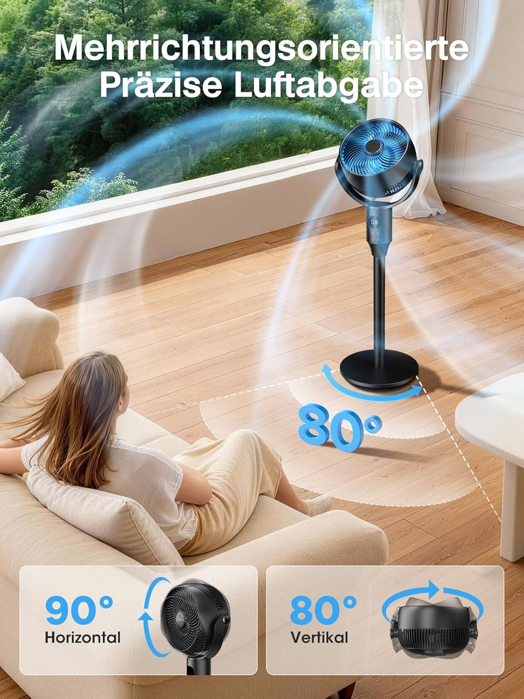 JYMIPA Leiser Standventilator 90°Oszillierender Ventilator mit Fernbedienung, Standventilator für Sc