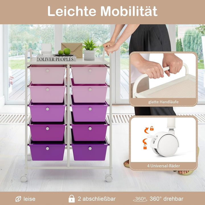 GOPLUS Rollwagen mit 10 Schubladen stapelbar, Schubladenwagen Rollcontainer mit Ablage & Metallgeste