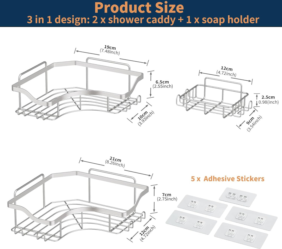 Duschablage Ohne Bohren Badezimmer Organizer, 3 Stück Rostfreie Duschregal Ecke Mit Haken Seifenscha