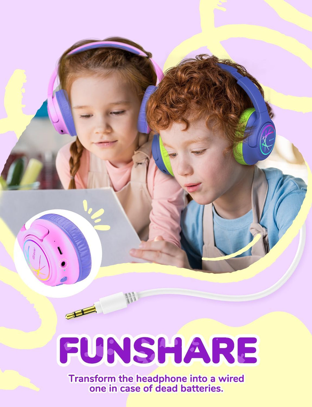 iClever Bluetooth Kopfhörer Kinder mit LED-Leuchten, 74/85dBA Lautstärkebegrenzung, 43 Stunden Spiel