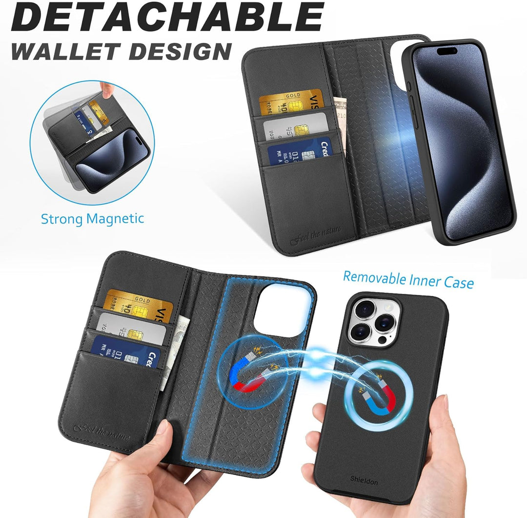 SHIELDON Hülle für iPhone 15 Pro Max, Echtleder Handyhülle [Abnehmbar] [kabelloses Laden] [Kartenfac