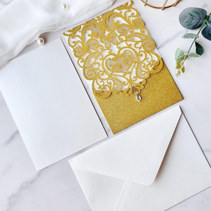 Hosmsua 20x Golden Glitzer Hochzeit EinladungsKarten Lasercut Rose Spitze Wasserdiamant Hochzeitsein