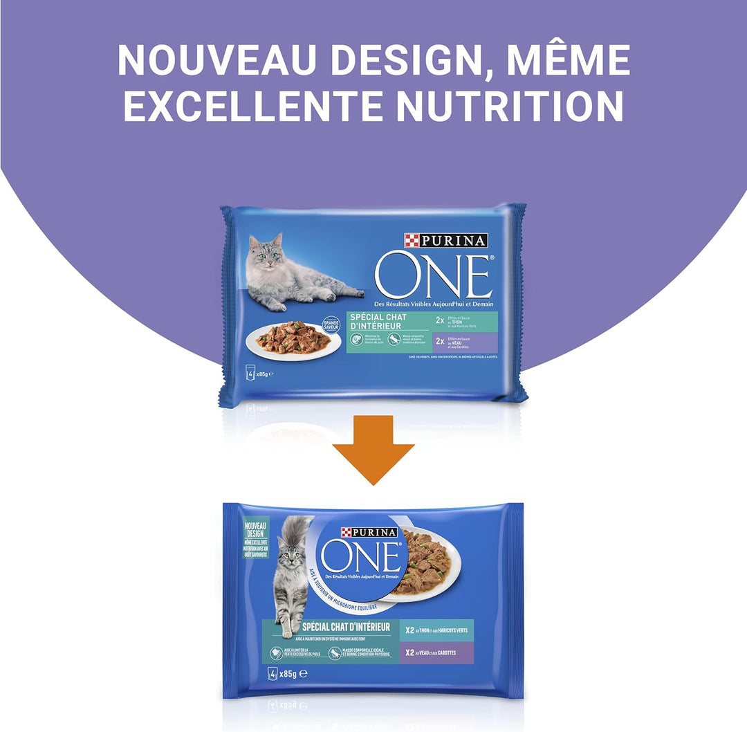 Purina One Schliff in Sauce, Mahlzeit für ausgewachsene Katzen, Kalb + Thunfisch, 12 (4 x 85 g)
