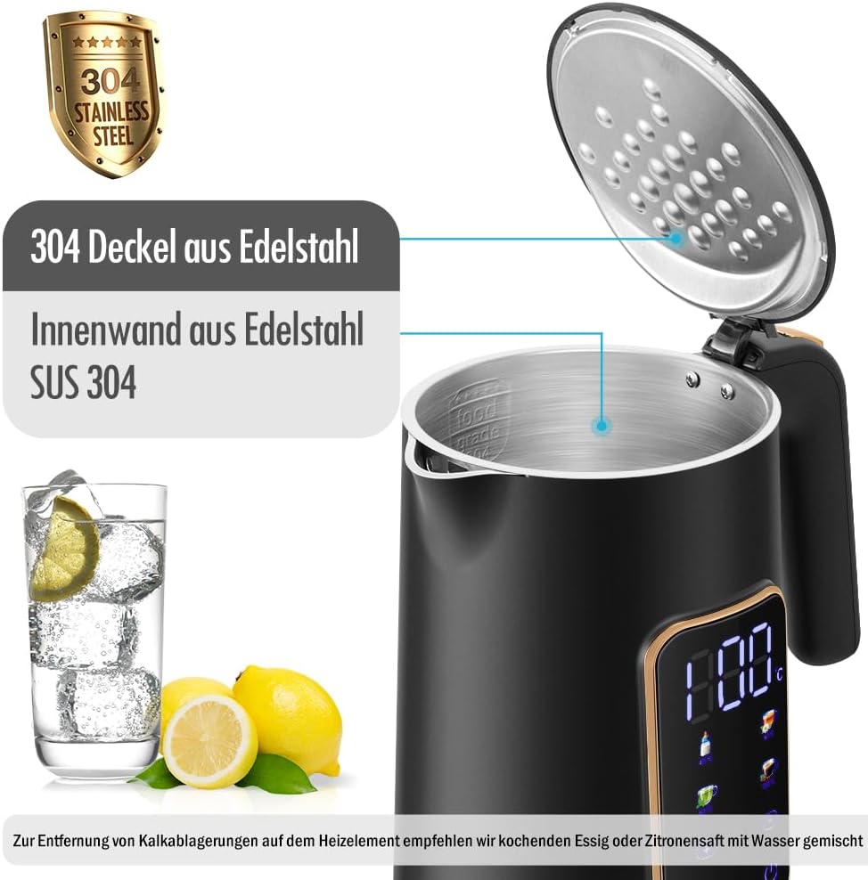 ForMe Edelstahl Wasserkocher 1,7 L mit Temperatureinstellung Temperaturwahl 40-100°C I LED Digitale
